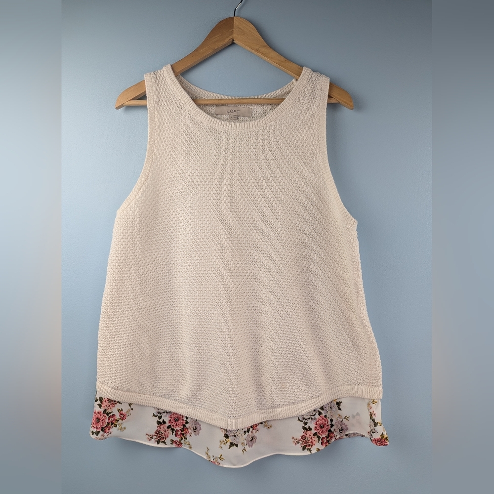 LOFT Cream Knit Shell with Floral Hem